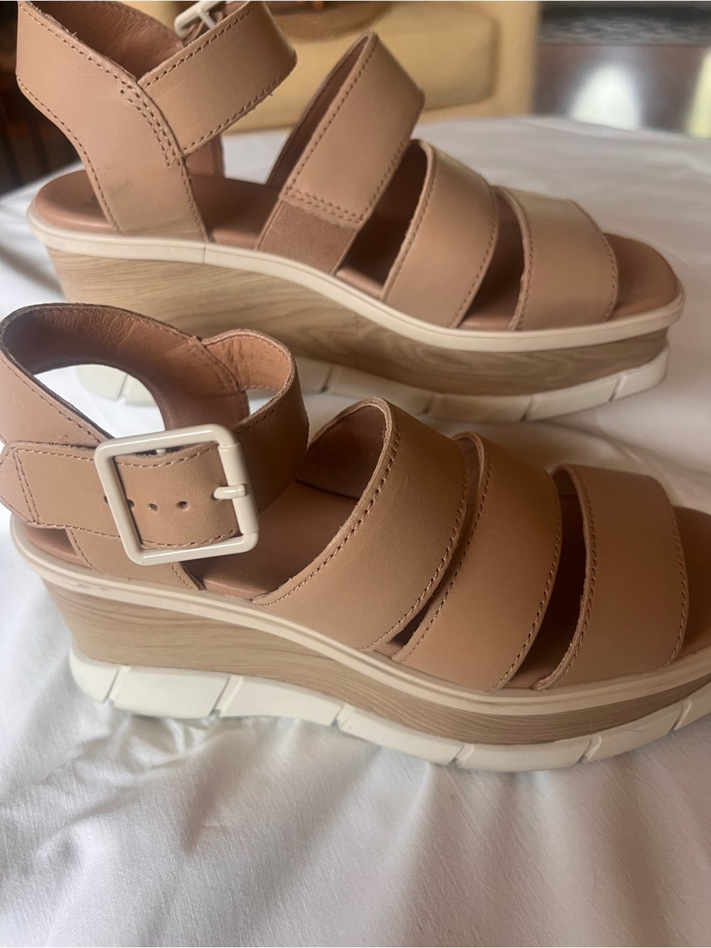 Sorel Nude Tan Platform Sandals with White Buckle